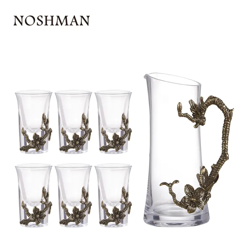 NOSHMAN Perunggu Bunga Kristal Liquor Spirits Decanter Tembakan Anggur Kaca Cangkir Set Vodka Mini Cangkir Anggur Pemegang Bar Set Copa de Vino