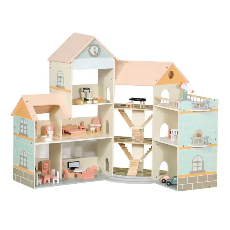 Bambini fanno finta di giocare a casa delle bambole grandi di colore rosa 2024 giocattolo in legno fai da te con bambole colorate e mobili