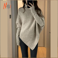 Damen Eleganter Vielseitiger Einfarbiger Rollkragenpullover Frühling Locker Sitzende Fledermausjacke Gehäkelter Woll/Acryl Langer Stil