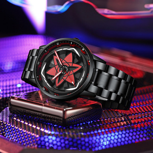 Montre à quartz pour homme en acier inoxydable noir, cadran rotatif Sharingan d'anime, motif étoile rouge, aiguilles lumineuses, montre sport - Product Image 4