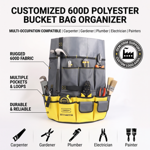 Customized 600D Polyester <b>Tool</b> Organizer Bucket Bag for <b>Carpenter</b> Gardener Plumber Electrician Painters OEM/ODM Support - Product Image 1