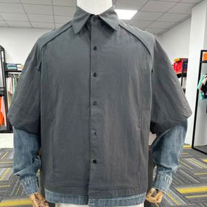 T-shirts d'été pour hommes de haute qualité, surdimensionnés, en denim, avec patchwork, boutonné, streetwear, denim double couche, manches longues - Product Image 3