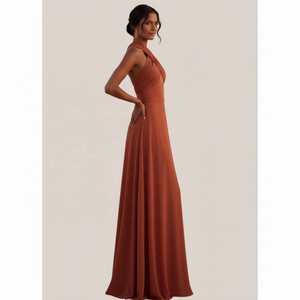 Servizio OEM ODM per <span class=keywords><strong>Abito</strong></span> Lungo in Chiffon Arancione 100% Poliestere <span class=keywords><strong>con</strong></span> Spalline Incrociate e Linea ad A per Abiti da Sera e Cerimonie - Product Image 2