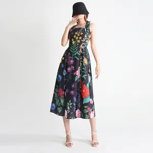 CHICEVER Square Collar A-shaped Skirt Sleeveless Plant Pattern Casual Long Floral Dresses Women Sexy