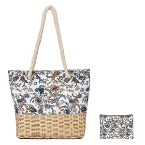 Fashion summer custom ladies cotton canvas floral print two in one handbags towel tote bag beach large shoulder bag