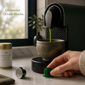 Capsules de matcha riches en umami compatibles avec les machines Nespresso, texture onctueuse, dosettes de thé vert biologique, qualité barista - Product Image 1