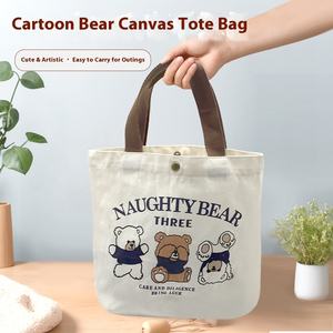 Bolsa de lona de tres ositos, bolsa de almuerzo portátil para estudiantes de estilo bosque bonito para niñas, patrón de letras a la moda - Product Image 5