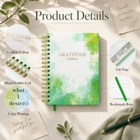Carnet de réflexion et de gratitude personnalisé A5 avec couverture en papier aquarelle vert, spirale et dorure à chaud, avec marque-page