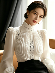 Blusa Elegante Blanca de Cuello Alto para Mujer, Estilo Casual para Oficina, Color Sólido, Manga Larga - Product Image 5