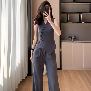 Women's Vest And Wide Leg Pants Suit Solid Color Polyester Satin Breathable Summer Fashion Set - Product Image 3