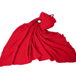 Red Knit Blanket With Hat And Ear Multifunction Fashion Soft Breathable Baby Blanket Swaddle After Shower Warm