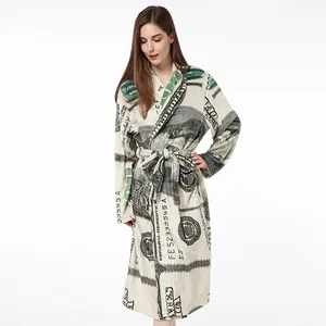 Dólar estampado vestido de flanela, para homens e mulheres roupa de casa vestido quente, roupão de banho