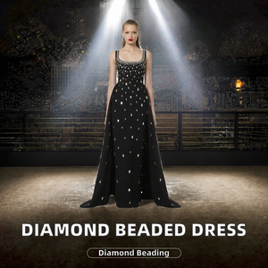 Robe de soirée noire perlée, longue, coupe trapèze, col carré, avec taille naturelle, idéale pour les banquets et les fêtes - Product Image 2