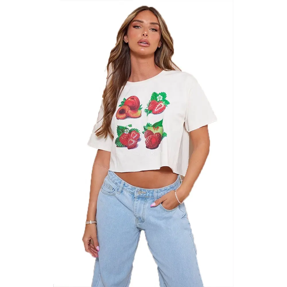 Ky Print Crop Oversized Ruw Rand T-Shirt Femme Hipme Hop Witte T-Shirts Groothandel Crop Top