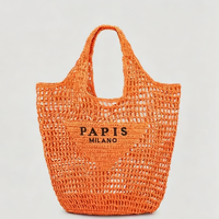 Sac fourre-tout en paille tressée orange écologique avec logo personnalisé, sac de shopping d'été brodé