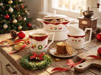 Service de table en céramique rouge Noël 2026 avec motifs sur le thème de Noël et assiettes de présentation à bord doré pour fêtes, banquets, et la maison