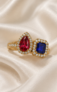 925 Sterling <b>Silver</b> Gold Plated Open <b>Ring</b> with Pear Cut Red CZ & <b>Emerald</b> Cut Blue CZ Halo Design for Women - Product Image 5