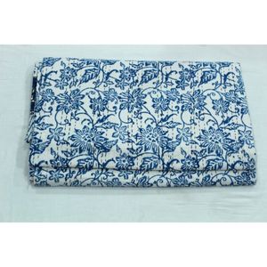 Blue Flower Design Indian Kantha <b>Quilt</b> <b>Handmade</b> Printed Cotton Washable Soft Eco-Friendly Housewarming Gift - Product Image 1