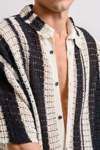 Custom Summer Casual <b>Knit</b> Jacquard <b>Cardigan</b> Black and White Shirt <b>Men's</b> <b>Knit</b> Short Sleeve Shirt - Product Image 2