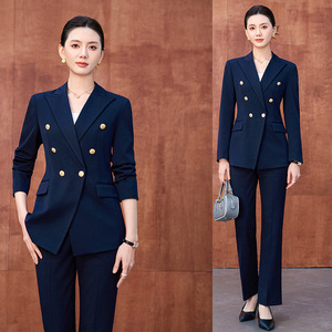 Women's Double Breasted Suit Set Navy Blue Three Quarter Sleeve Formal Workwear Anti-Wrinkle Wool Blend Commuting Style - Product Image 1