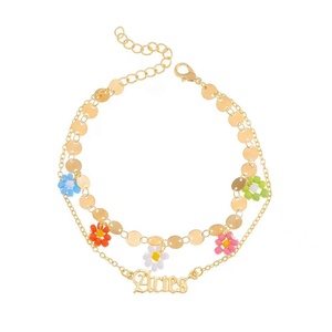 Gaby – bracelets de cheville colorés fleur pendante, bracelet de plage de pied avec double chaîne, bracelet de cheville zodiaque pour femmes, vente en gros, bijoux de corps - Product Image 6