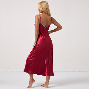 Chemises de nuit sexy élégantes décontractées en satin uni, pyjamas à col en V, robes de nuit en soie simulée, robes de luxe pour femmes - Product Image 6