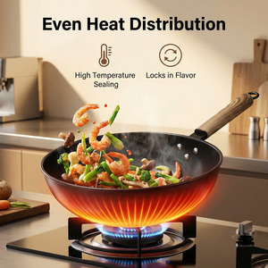 <span class=keywords><strong>Wok</strong></span> antiadhésif en acier au carbone écologique grande capacité, compatible gaz et induction, avec poignée en bois - Product Image 4