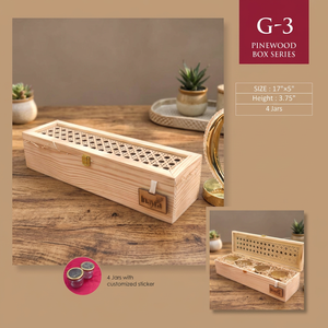 กล่องของขวัญไม้สนทำมือ G-3 ขนาด 17x5x3.75 นิ้ว 4 ช่องใส่ขวด ถาดสีทอง ดีไซน์ดั้งเดิม งานฝีมือศิลปะ ศาสนา - Product Image 1