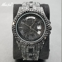 Montre MISSFOX en promotion : Montre à quartz pour homme, style hip-hop, double calendrier, entièrement sertie de diamants, en argent sterling, idéale pour les affaires