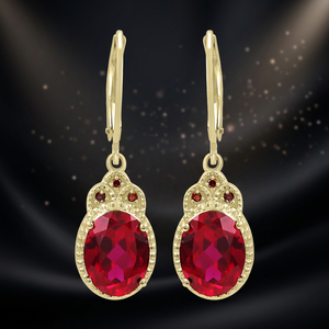 Pendientes Colgantes GOURIK Clásicos de Plata 925 Bañados en Oro con Rubí Ovalado Creado en Laboratorio y Engaste de Garra, Estilo Moderno, Finos, para Aniversario de Mujer - Product Image 3