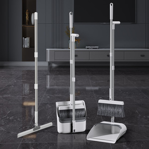 Ensemble balai et pelle avec manche télescopique, bac rectangulaire en plastique, outil de nettoyage domestique avec raclette pour balayer les sols - Product Image 1