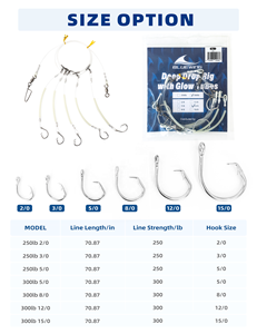 Aparejo de pesca de caída profunda 2/0-15/0 anzuelos con tubos luminosos, anzuelos de acero inoxidable y línea de 250lb/300lb para pargo, blanquillo, mero - Product Image 6