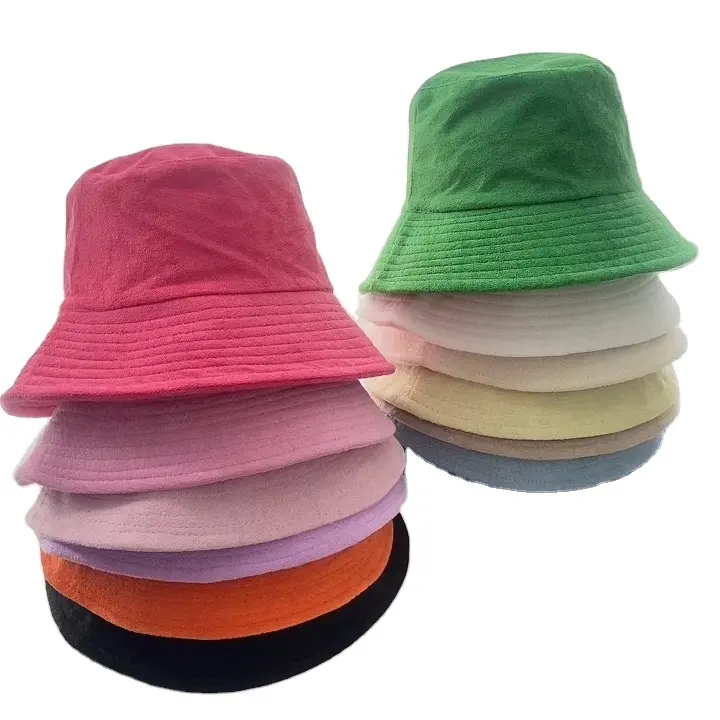 Women Plain Blank Flat Top Wide Brim Fisherman Terry Cloth Towel Towling Bucket Hat Caps With Custom Logo