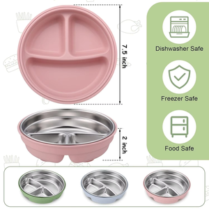 Assiette pour bébé en acier inoxydable de qualité alimentaire avec couvercle en silicone amovible, sangle antidérapante et ventouses pour l'alimentation du bébé - Product Image 6