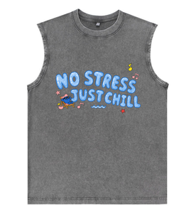 Chaleco Gráfico Oversize Gris Lavado con Letras Estilo Burbuja 'No Stress Just Chill', Estilo Casual, Playa, Streetwear, Nota Musical, Top Hip Hop para Hombre, Talla EE. UU. - Product Image 5