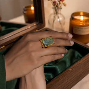Natural Prehnite <b>Statement</b> <b>Ring</b> Handmade Gold Plated Bezel Set Brass Rectangle Gemstone <b>Ring</b> Artisan Jewelry Gift for Women - Product Image 6