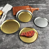 Assiette Ronde en Acier Inoxydable Style Coréen, Assiette à Steak Rétro à Angle Droit, Vaisselle de Cuisine, Plusieurs Tailles