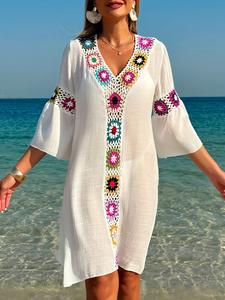 Vestido de playa blanco con cuello en V de ganchillo, traje de baño de verano, Túnica de verano para mujer, ropa de playa Saida Praia - Product Image 4