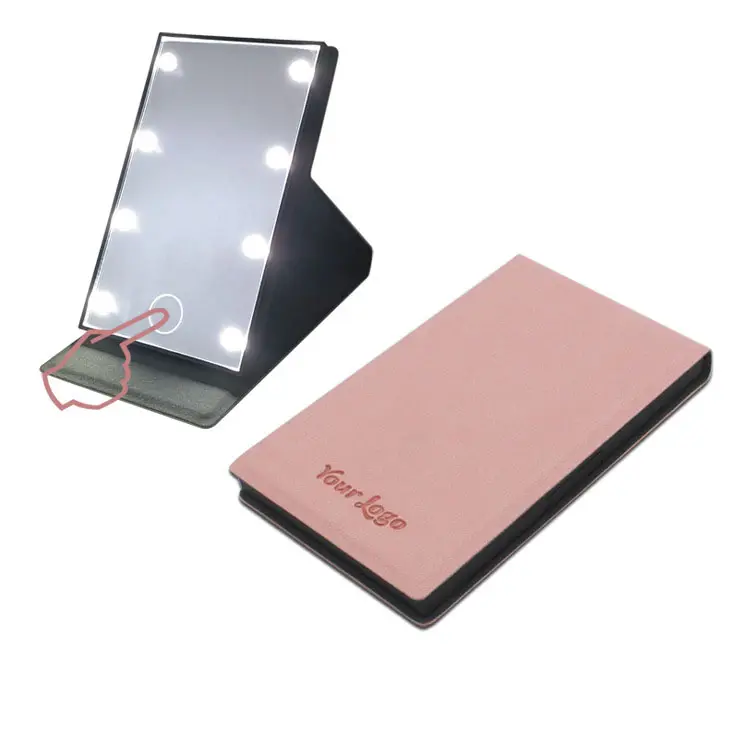 New 8 Lights Folding LED Makeup Mirror PU Portable Mirror with Lights Fill Light Desktop Dressing Mirror Customizable LOGO