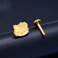 Pendiente de titanio ASTM F136 chapado en oro con forma de gatito, arete dorado para labret, cartílago, tragus, hélix, concha, lóbulo, joyería corporal con pin a presión