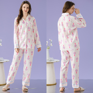 Nuevo Sweet <span class=keywords><strong>Poker</strong></span> Peach Heart Print Pijamas Primavera de manga larga Pantalones largos Simulación de seda Cardigan Ladies Homewear Conjunto de dos piezas - Product Image 6