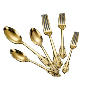 Vaisselle de luxe en acier inoxydable argenté et doré avec poignée de gravure vintage, ensemble de vaisselle pour mariage, dessert, cuillère et fourchette
