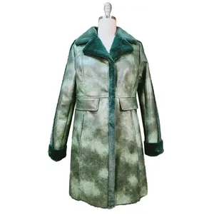Green Tie Dye Pu Leather Bonded Green Rabbit Fur New Design Fake Fur Coat For Women Long Outwear Faux Mink Fur Coat For Ladies