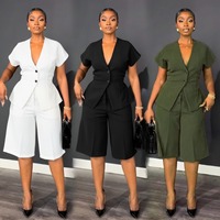 Tenues d'été pour femmes T26648, ensemble blazer slim à manches courtes avec nœud papillon et pantalon mi-long, costumes deux pièces pour femmes, vêtements de bureau
