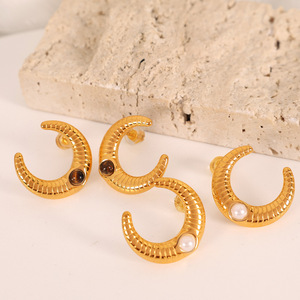 ต่างหูทองรูปพระจันทร์ประดับมุกและไทเกอร์อายสำหรับเครื่องประดับแฟชั่น - Product Image 4