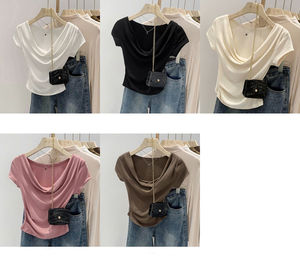 T-shirt d'été RUICHI pour femme en coton et élasthanne 220 GSM, col bénitier, coupe ajustée, flatteuse, décontractée et unie - Product Image 6