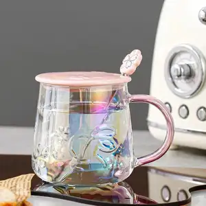 Kawwaii Cherry rabbit dazzle color glass high appearance level large capacity glass cup transparent cup with cover spoon