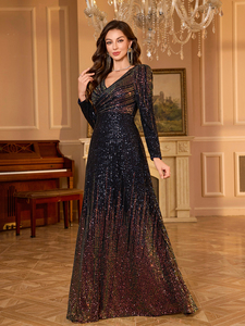 <span class=keywords><strong>Vestido</strong></span> de noche elegante de alta gama para mujer, con textura, cuello en V, manga larga estilo <span class=keywords><strong>princesa</strong></span>, ajustado, brillante, con lentejuelas, <span class=keywords><strong>corte</strong></span> en A, formal, largo. - Product Image 4