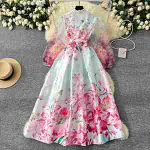 Vestido Midi Casual de Verano 2025 Tallas Grandes con Cuello en V y Manga Larga, Estampado Digital de Malla Tejida con Parches, Estilo Imperio, Sencillo para Fiesta - Product Image 3