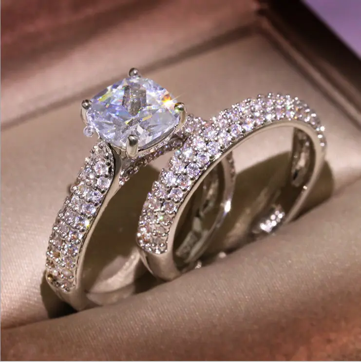 Hovanci conjunto de anéis de casamento 2 pçs, brilhante 5 micro pave strass cristal anéis de noivado duplo zircão cz anéis de casamento para casal mulheres homens